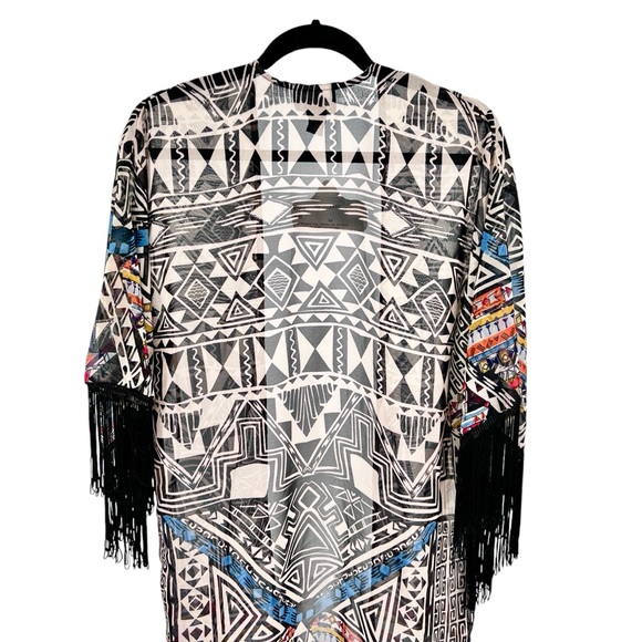 Angie NWT Aztec Print Fringe Kimono Medium Sheer Colorful Southwest Boho Flowy - Picture 4 of 16